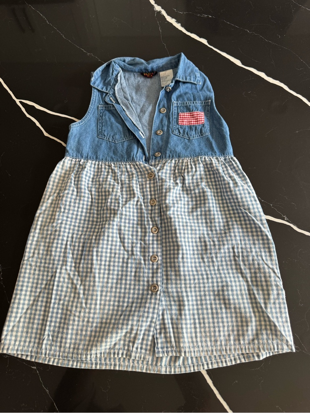 Vintage 90s Faded Glory Blue Denim Dress with Light Blue Gingham